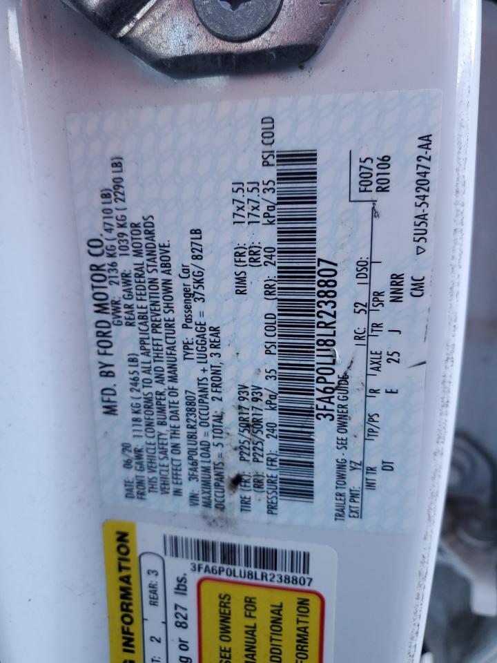 2020 Ford Fusion Se VIN: 3FA6P0LU8LR238807 Lot: 91180535