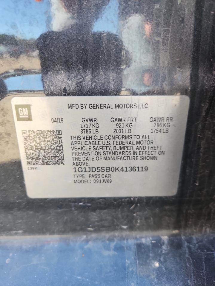 2019 Chevrolet Sonic Lt VIN: 1G1JD5SB0K4136119 Lot: 91997895