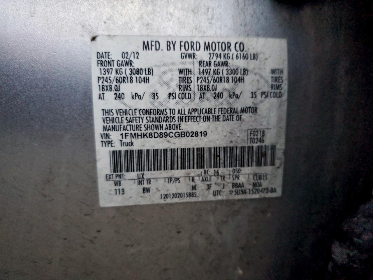 2012 Ford Explorer Xlt VIN: 1FMHK8D89CGB02819 Lot: 94465415