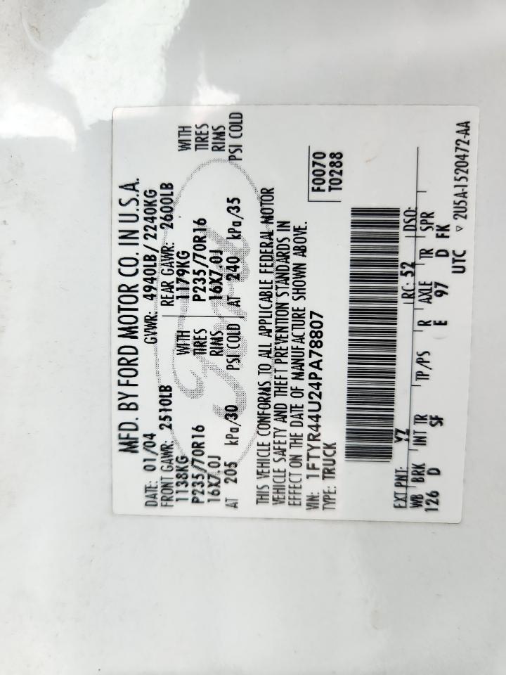 2004 Ford Ranger Super Cab VIN: 1FTYR44U24PA78807 Lot: 93488985