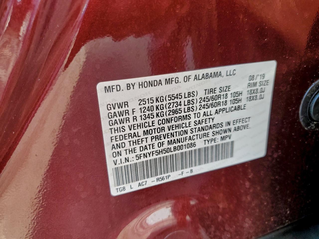 2020 Honda Pilot Exl VIN: 5FNYF5H50LB001086 Lot: 93720615