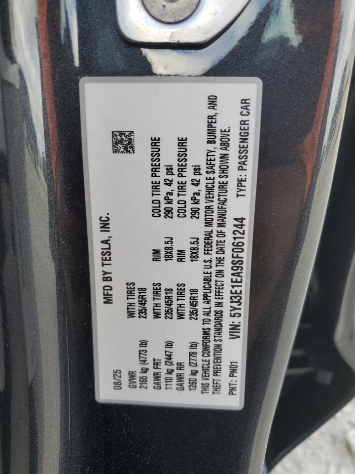 2025 Tesla Model 3 VIN: 5YJ3E1EA9SF061244 Lot: 93612245