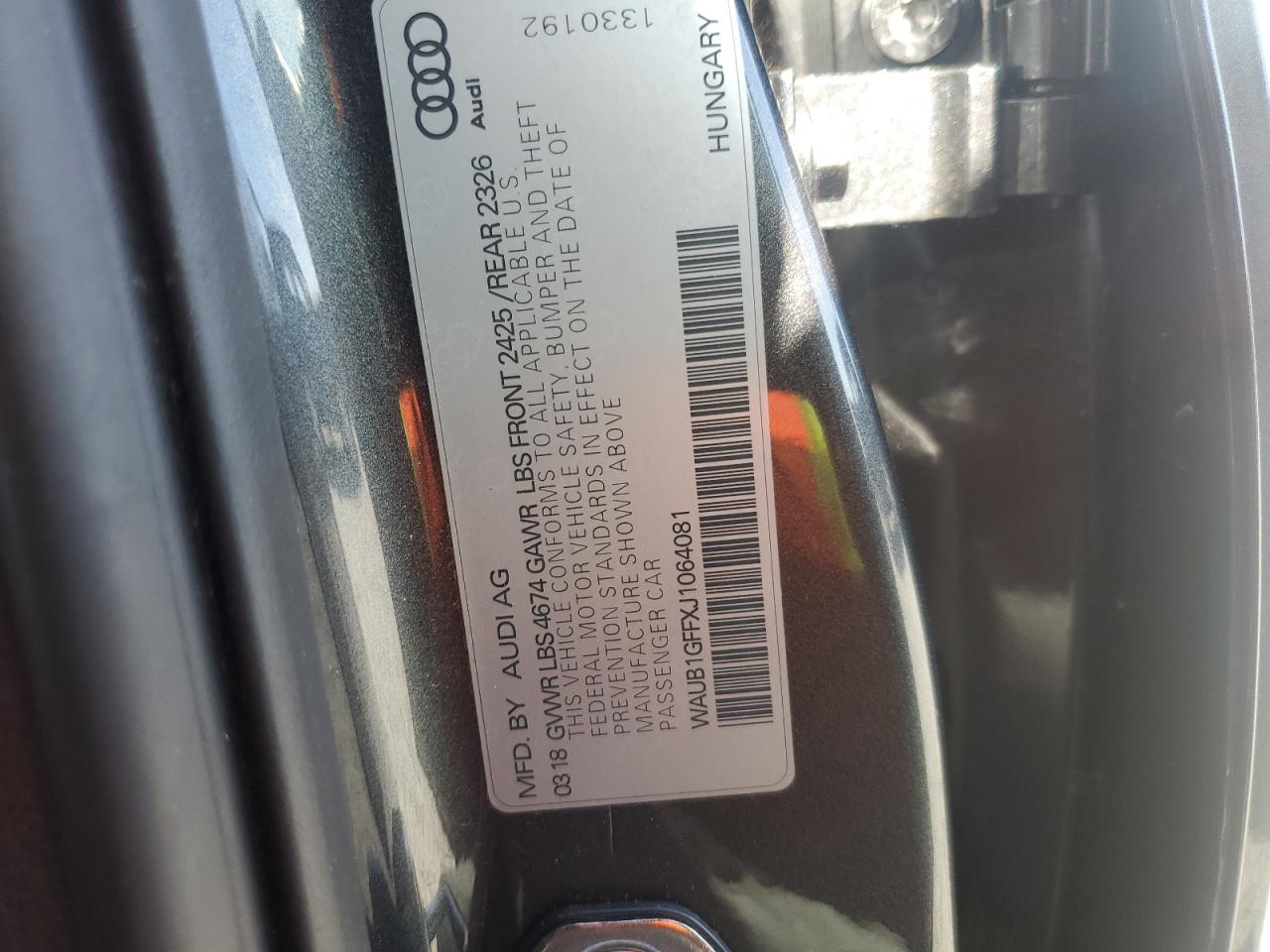 2018 Audi S3 Premium Plus VIN: WAUB1GFFXJ1064081 Lot: 92810075