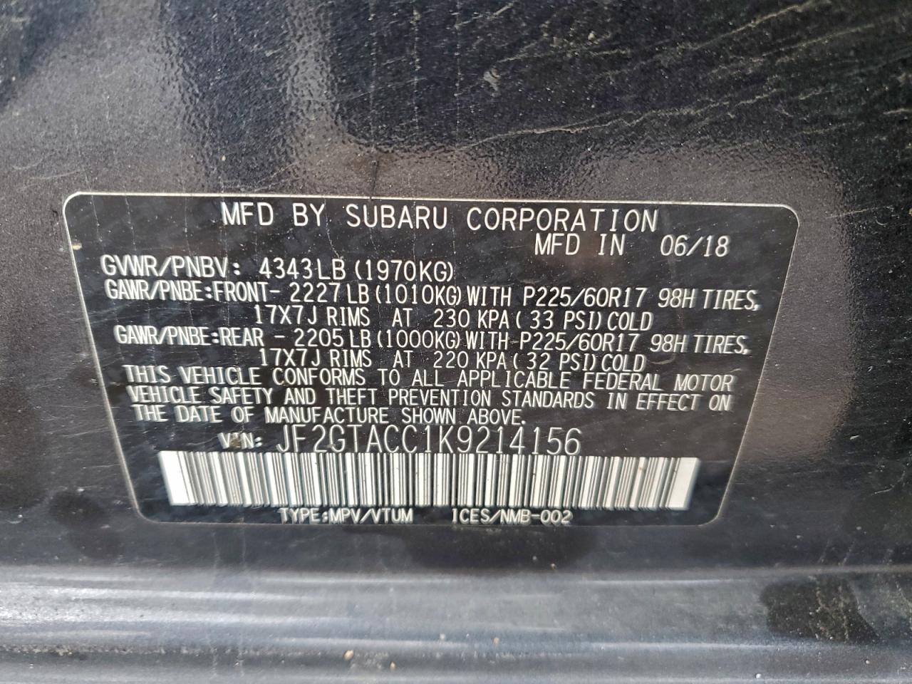 2019 Subaru Crosstrek Premium VIN: JF2GTACC1K9214156 Lot: 92025855