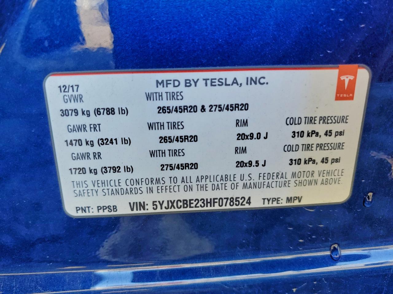 2017 Tesla Model X VIN: 5YJXCBE23HF078524 Lot: 93341045