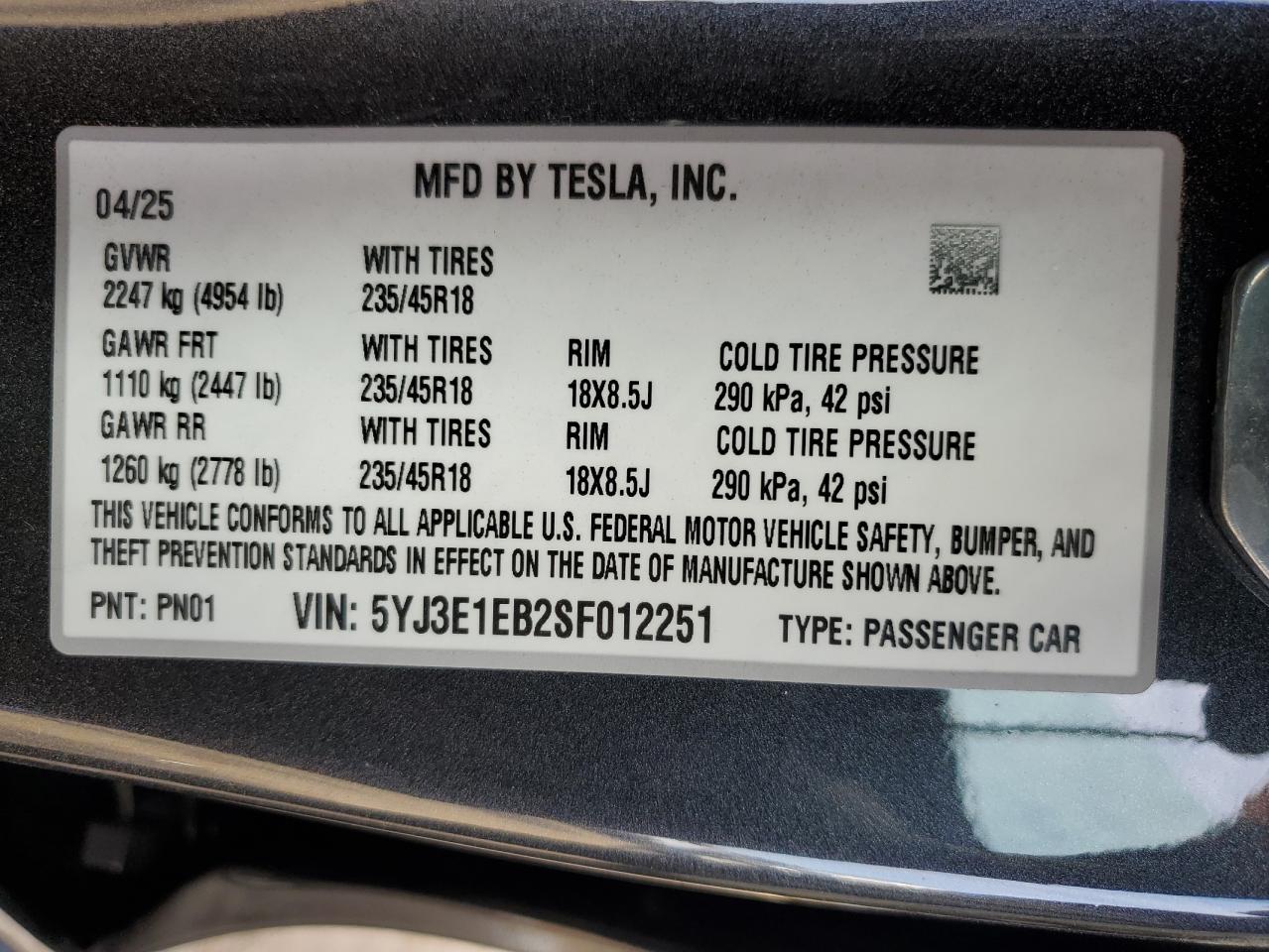2025 Tesla Model 3 VIN: 5YJ3E1EB2SF012251 Lot: 90894065