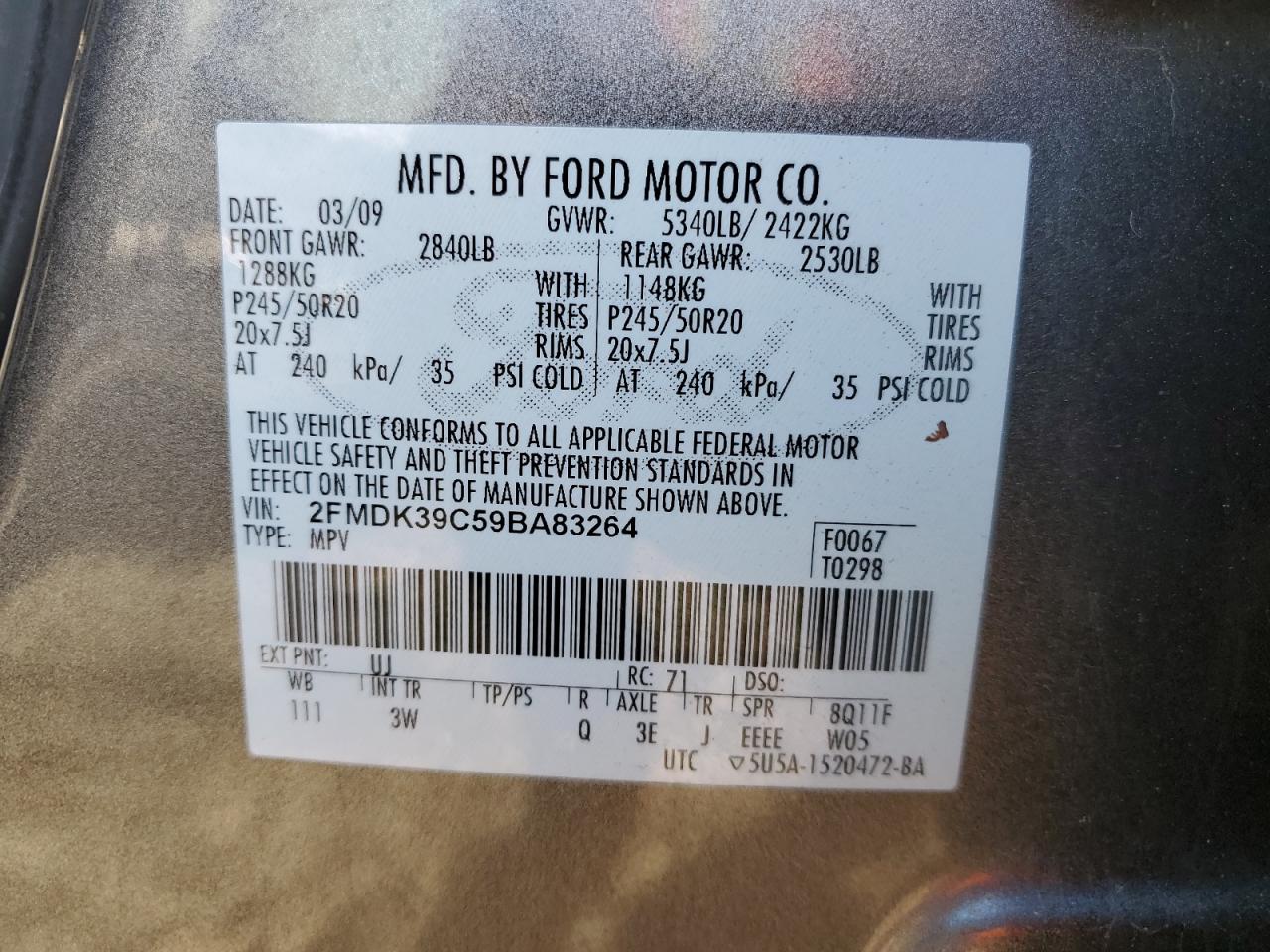 2009 Ford Edge Limited VIN: 2FMDK39C59BA83264 Lot: 93734515