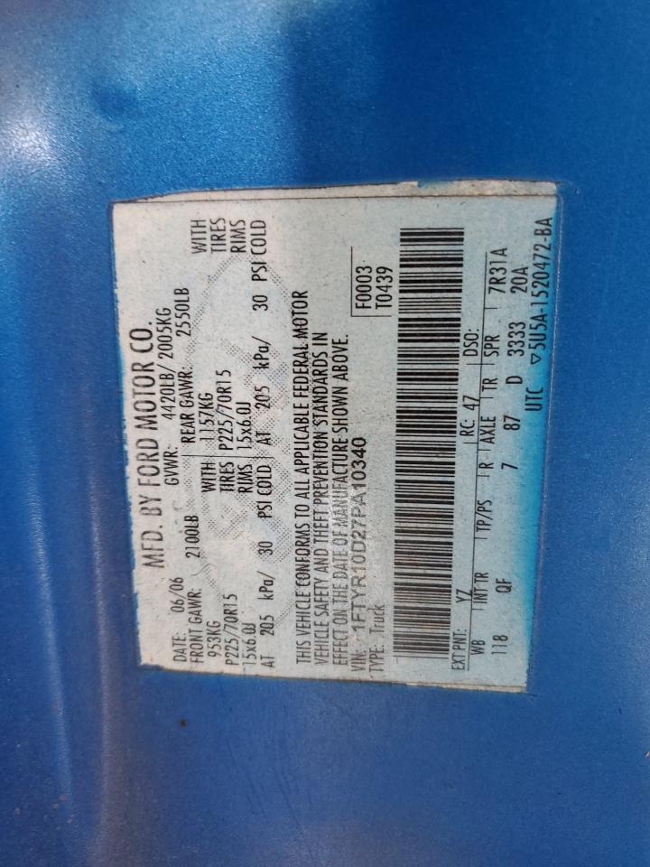 2007 Ford Ranger VIN: 1FTYR10D27PA10340 Lot: 92541485