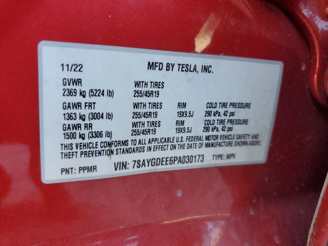 2023 Tesla Model Y VIN: 7SAYGDEE6PA030173 Lot: 93333355