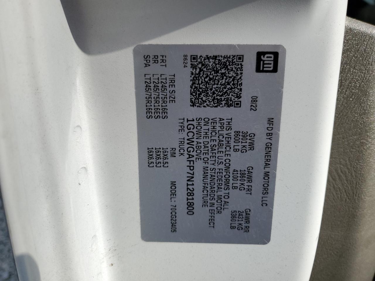 2022 Chevrolet Express G2500 Delivery Van VIN: 1GCWGAFP7N1281800 Lot: 92590045