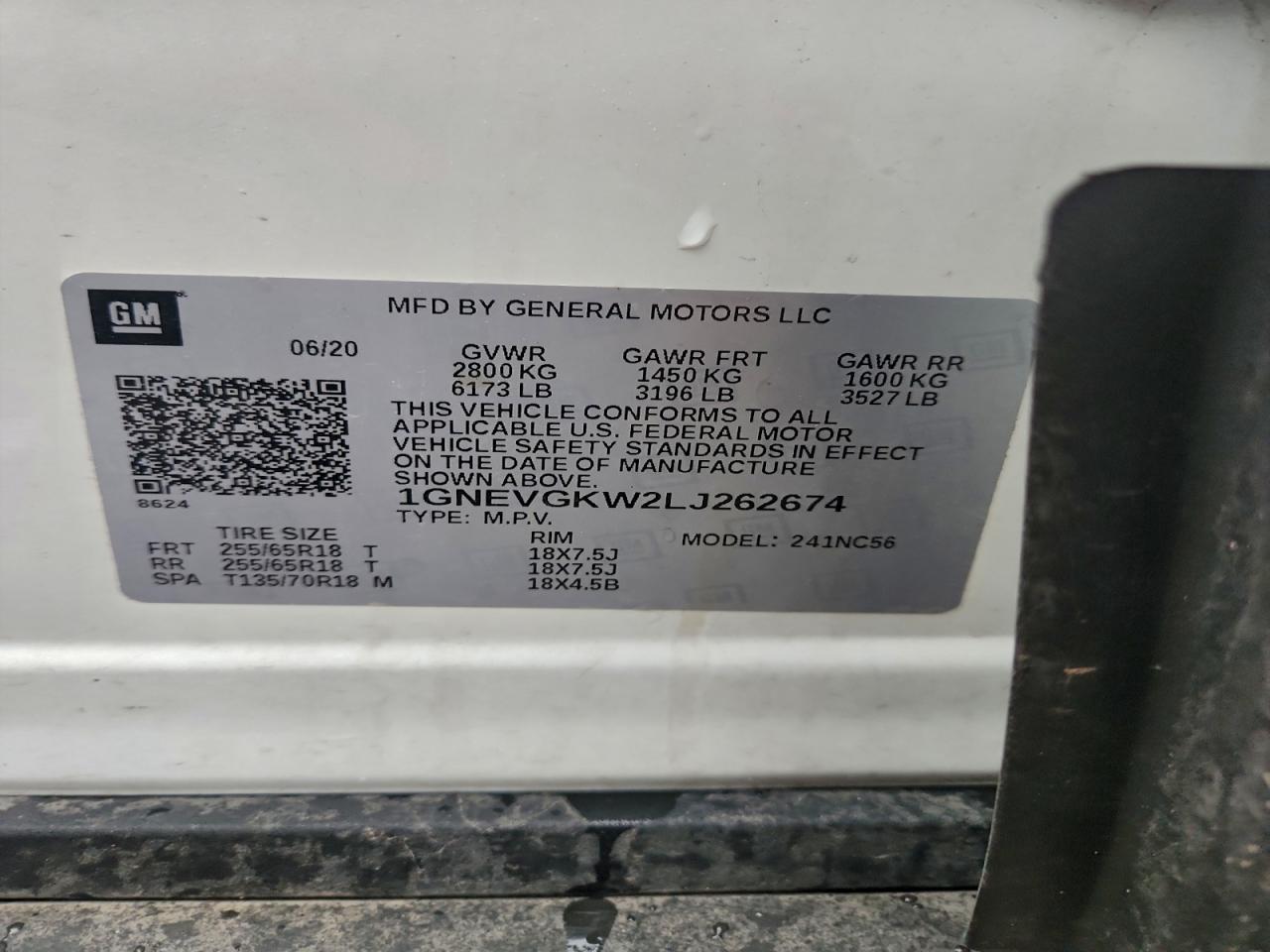 2020 Chevrolet Traverse Lt VIN: 1GNEVGKW2LJ262674 Lot: 93063795