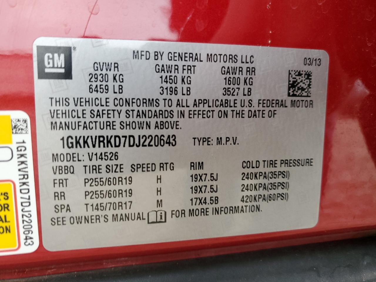 2013 GMC Acadia Slt-1 VIN: 1GKKVRKD7DJ220643 Lot: 91319665