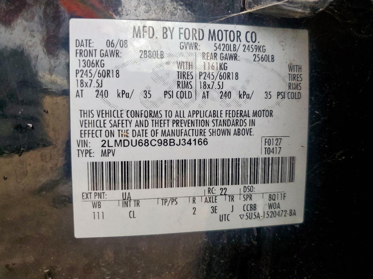 2008 Lincoln Mkx VIN: 2LMDU68C98BJ34166 Lot: 93970955