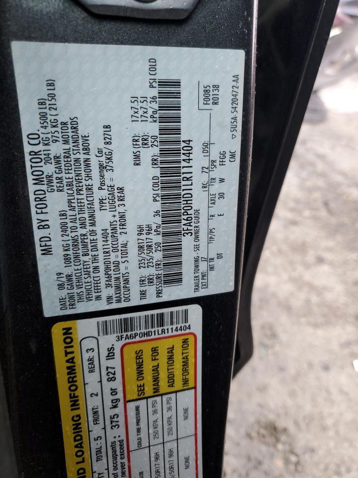 2020 Ford Fusion Se VIN: 3FA6P0HD1LR114404 Lot: 93553975