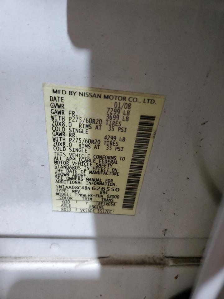 2008 Nissan Armada Se VIN: 5N1AA08C48N626550 Lot: 93170485