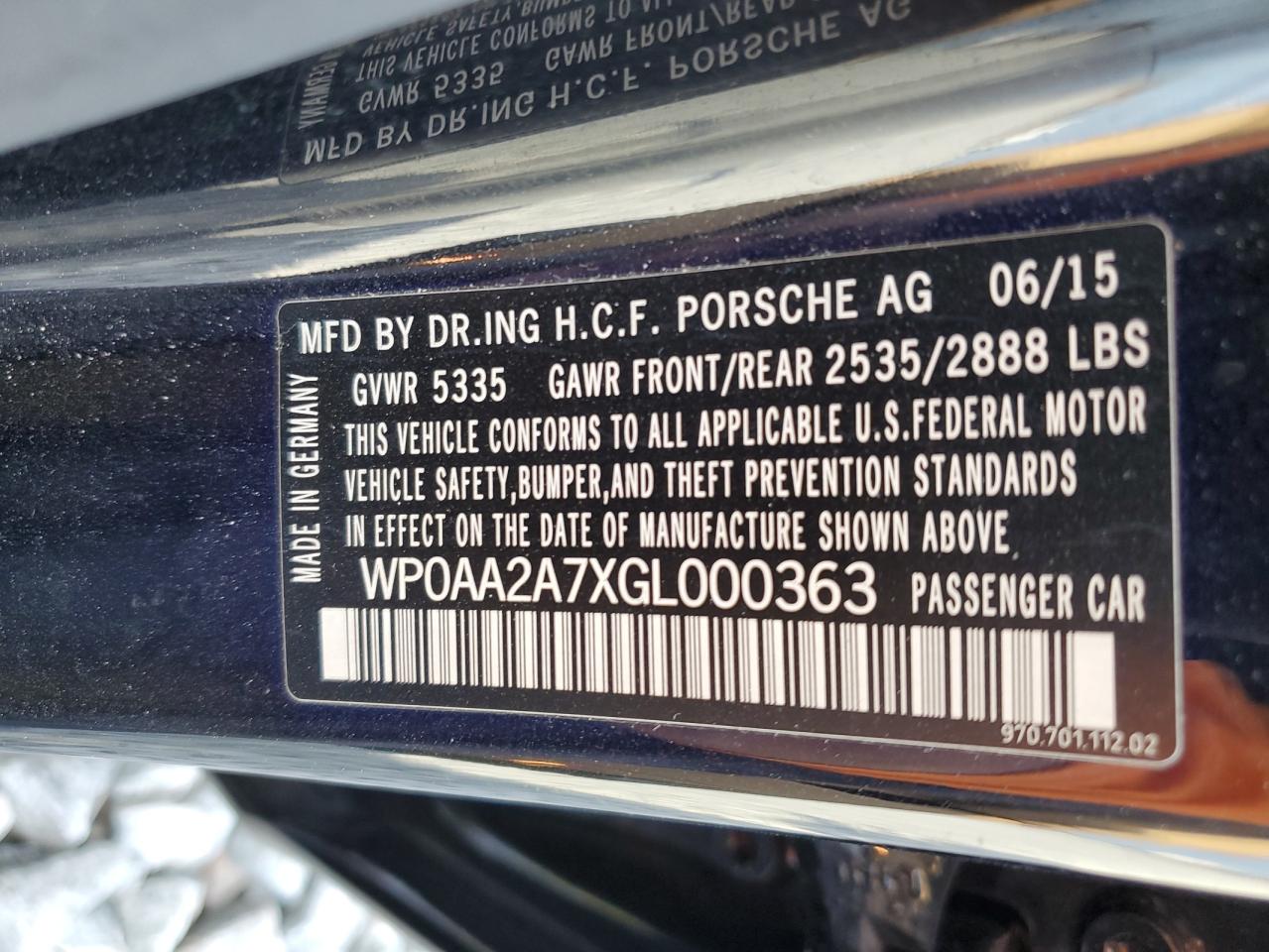 2016 Porsche Panamera 2 VIN: WP0AA2A7XGL000363 Lot: 91646875