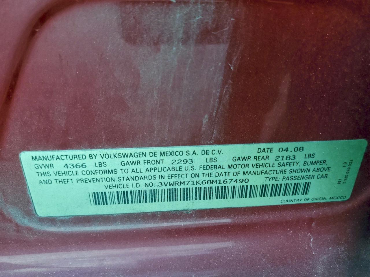 2008 Volkswagen Jetta Se VIN: 3VWRM71K68M167490 Lot: 93825775