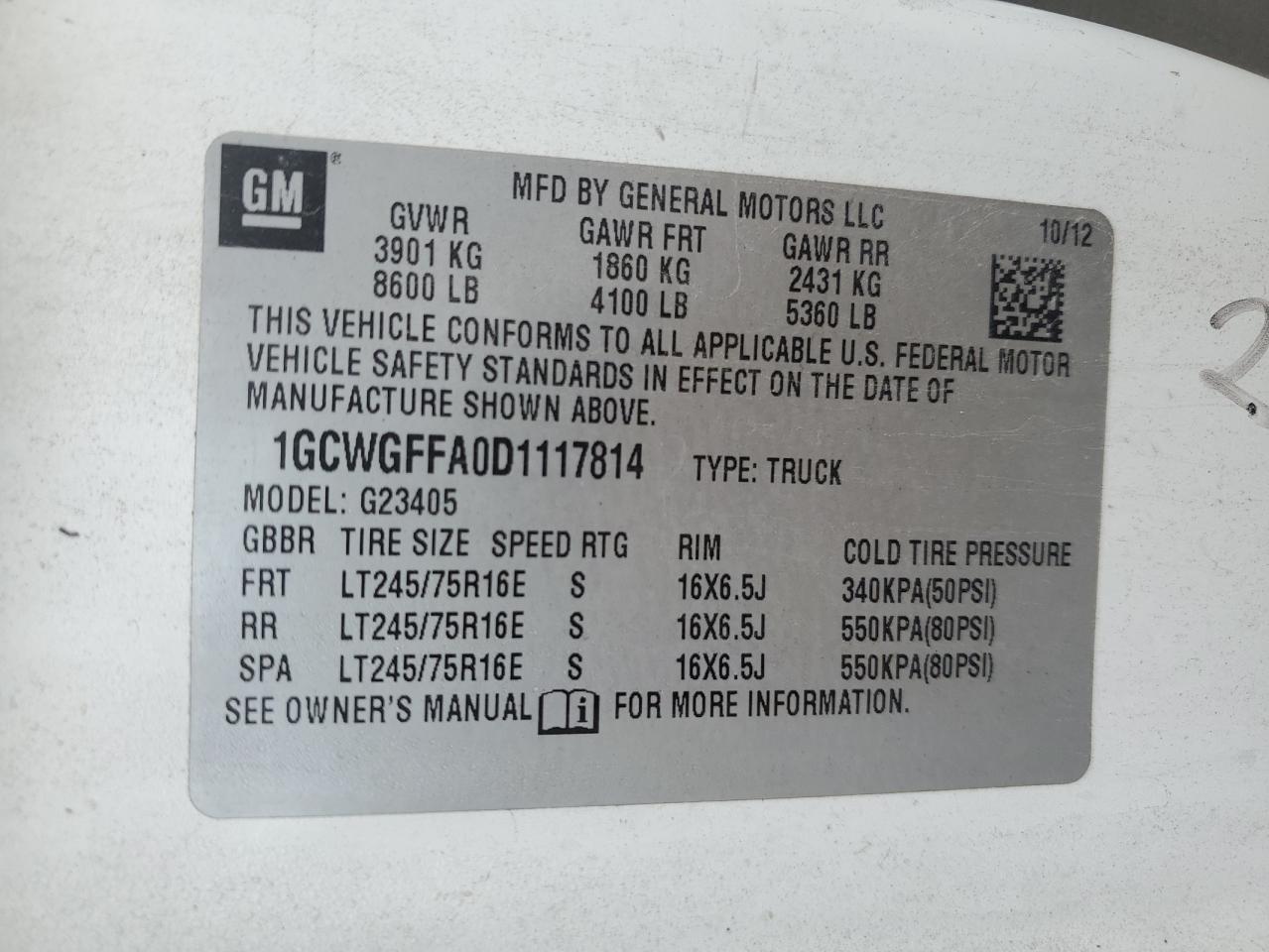 2013 Chevrolet Express Delivery Van VIN: 1GCWGFFA0D1117814 Lot: 91435725