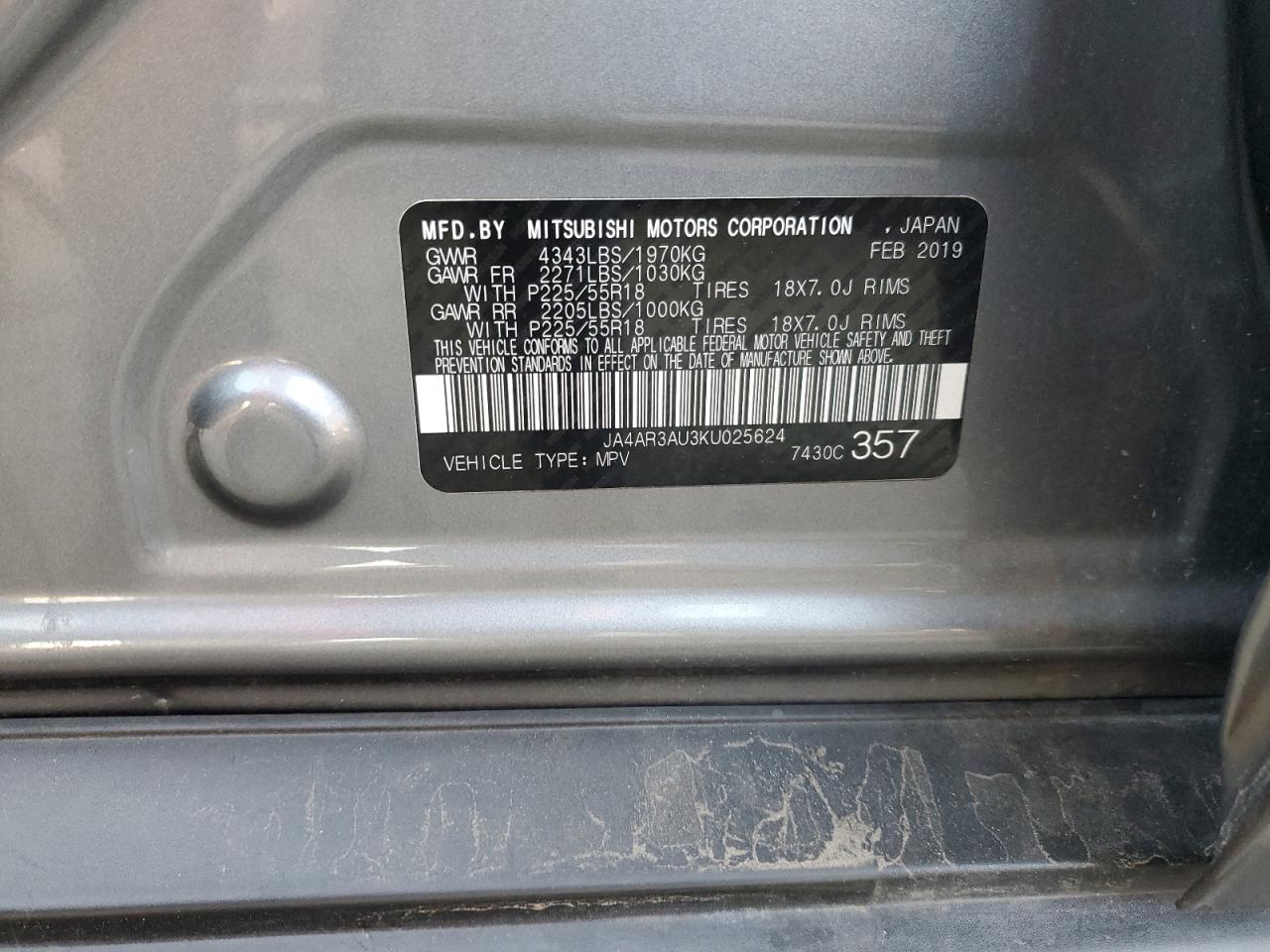 2019 Mitsubishi Outlander Sport Es VIN: JA4AR3AU3KU025624 Lot: 91649655