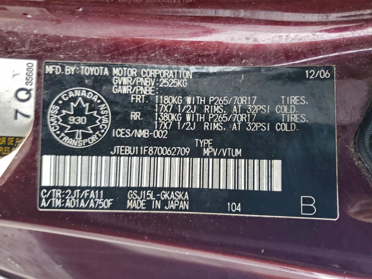 2007 Toyota Fj Cruiser VIN: JTEBU11F870062709 Lot: 92543265