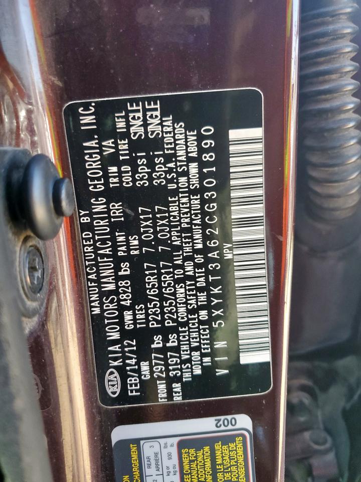 2012 Kia Sorento Base VIN: 5XYKT3A62CG301890 Lot: 92206745