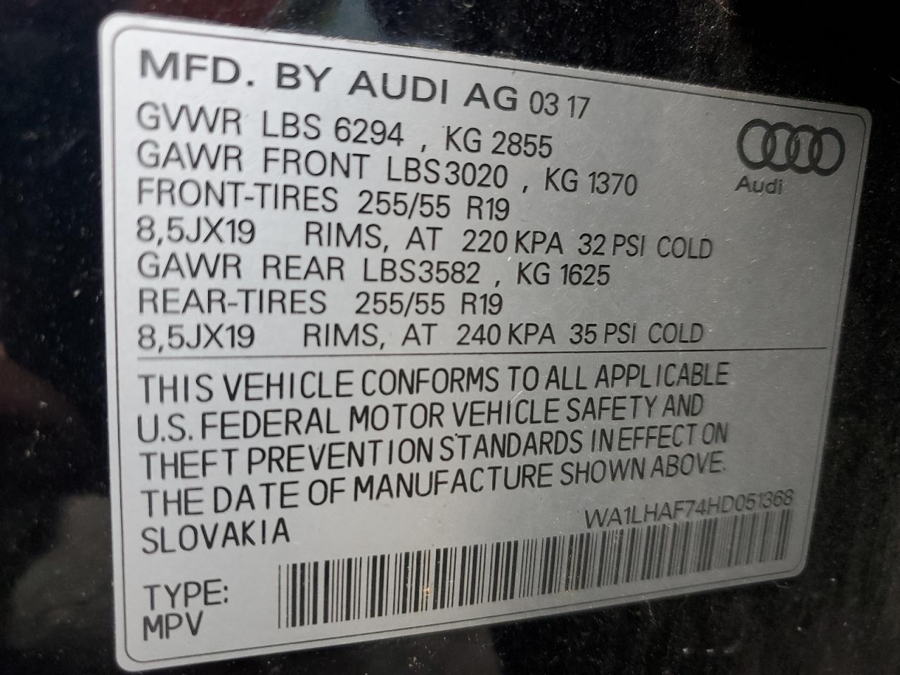 2017 Audi Q7 Premium Plus VIN: WA1LHAF74HD051368 Lot: 90924945