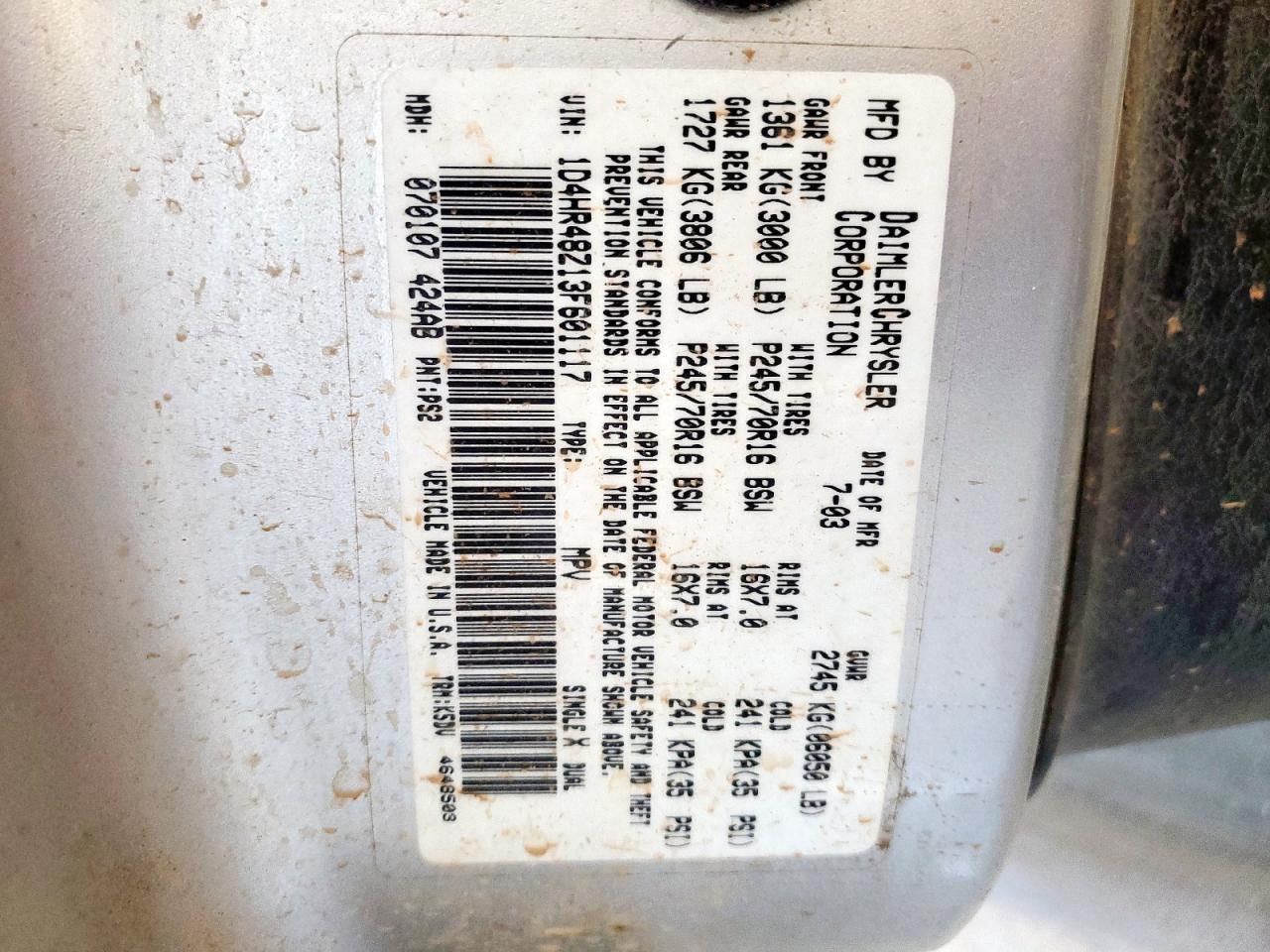 2003 Dodge Durango Slt VIN: 1D4HR48Z13F601117 Lot: 92212995