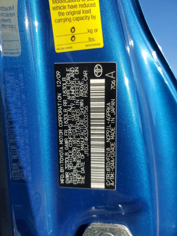 2010 Toyota Yaris VIN: JTDJT4K33A5303756 Lot: 91488095