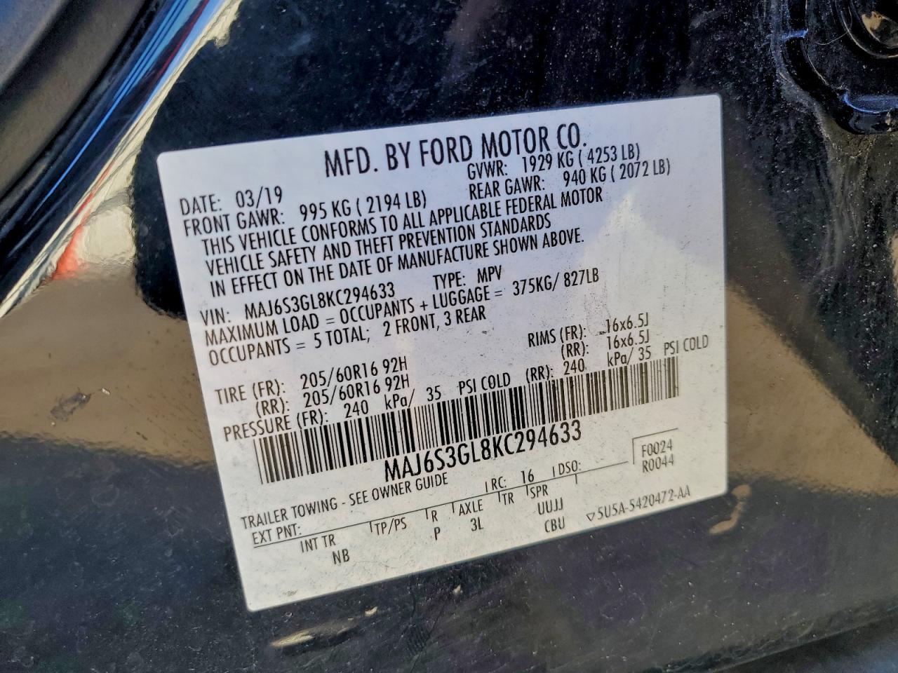 2019 Ford Ecosport Se VIN: MAJ6S3GL8KC294633 Lot: 93237175