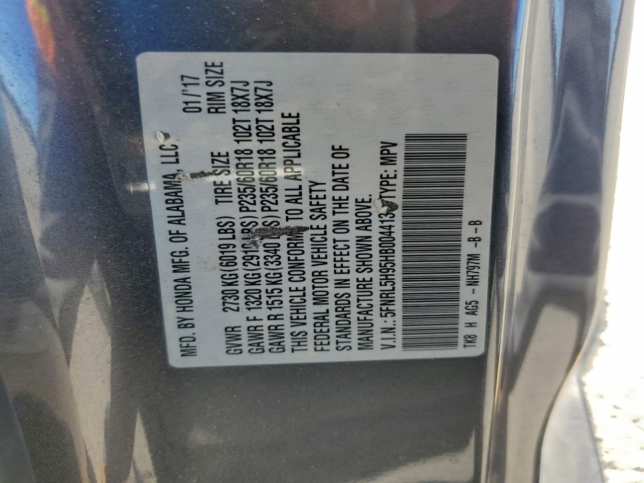 2017 Honda Odyssey Touring VIN: 5FNRL5H95HB004413 Lot: 93608465