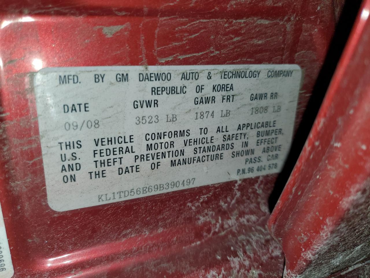 2009 Chevrolet Aveo Ls VIN: KL1TD56E69B390497 Lot: 92812075