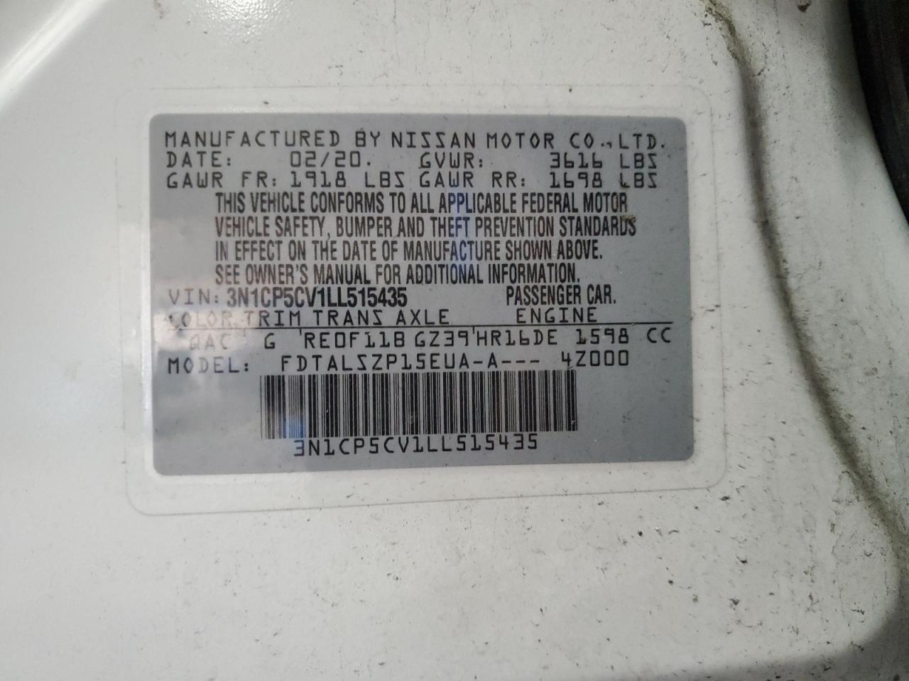 2020 Nissan Kicks Sv VIN: 3N1CP5CV1LL515435 Lot: 93445035