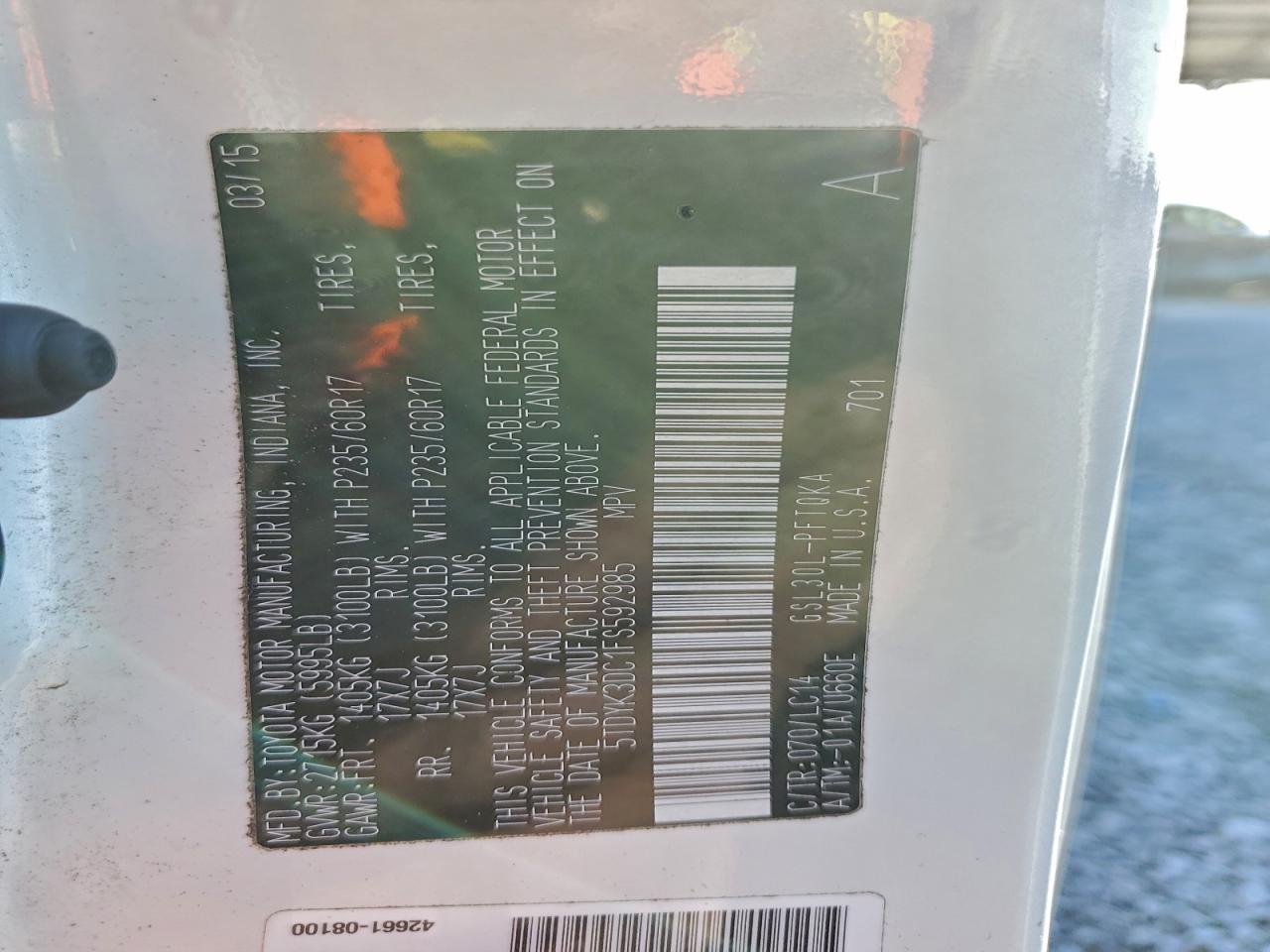 2015 Toyota Sienna Xle VIN: 5TDYK3DC1FS592985 Lot: 93632905