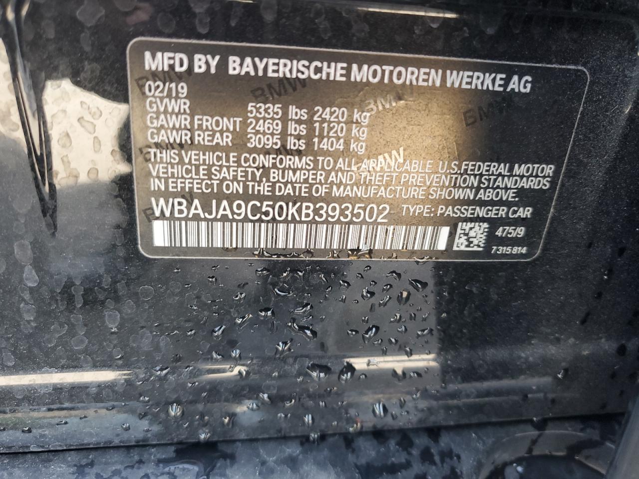 2019 BMW 530E VIN: WBAJA9C50KB393502 Lot: 92035385