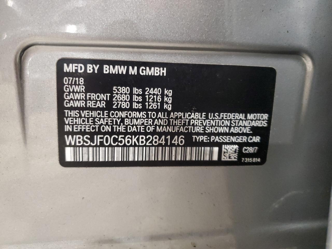 2019 BMW M5 VIN: WBSJF0C56KB284146 Lot: 93388165