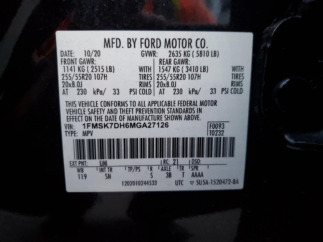 2021 Ford Explorer Xlt VIN: 1FMSK7DH6MGA27126 Lot: 93021165