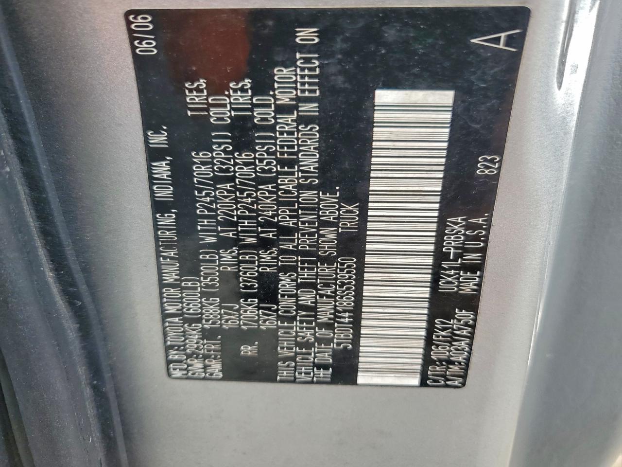 2006 Toyota Tundra Double Cab Sr5 VIN: 5TBDT44186S539550 Lot: 94456545