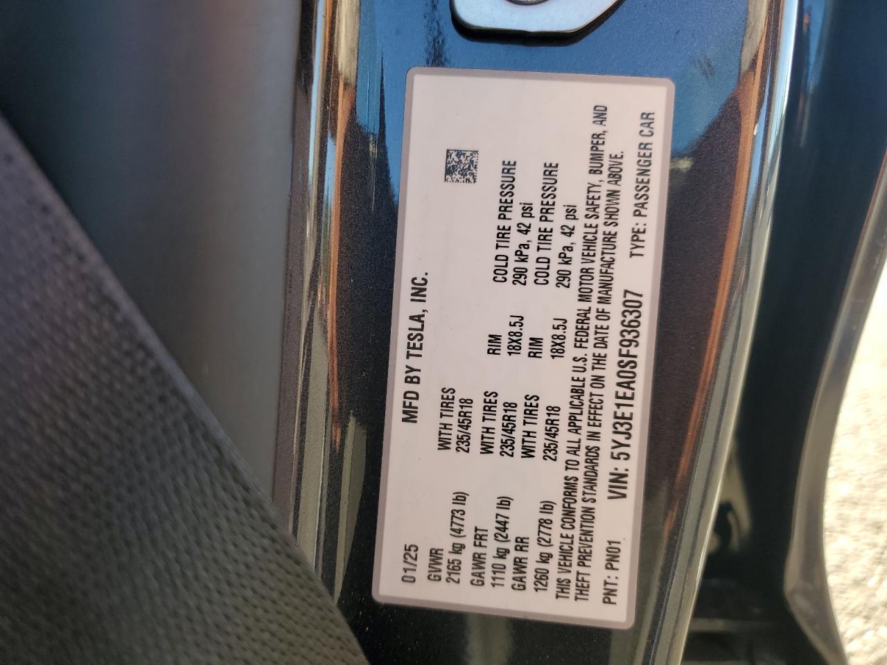 2025 Tesla Model 3 VIN: 5YJ3E1EA0SF936307 Lot: 91825605