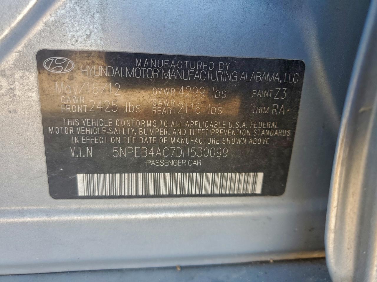 2013 Hyundai Sonata Gls VIN: 5NPEB4AC7DH530099 Lot: 94477915