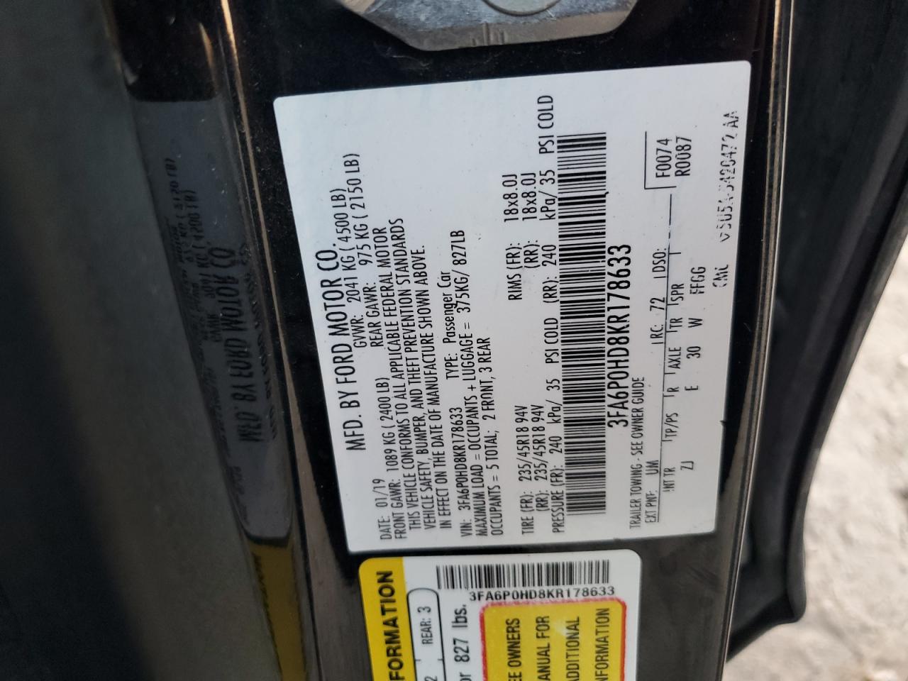 2019 Ford Fusion Se VIN: 3FA6P0HD8KR178633 Lot: 92708115