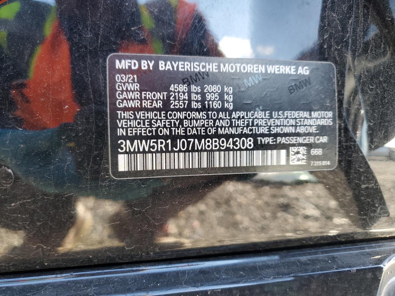 2021 BMW 330I VIN: 3MW5R1J07M8B94308 Lot: 93286645