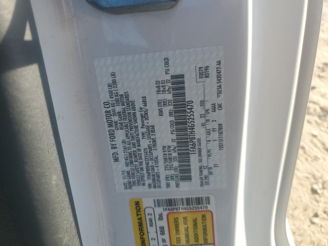 2016 Ford Mustang VIN: 1FA6P8TH4G5255470 Lot: 92648685