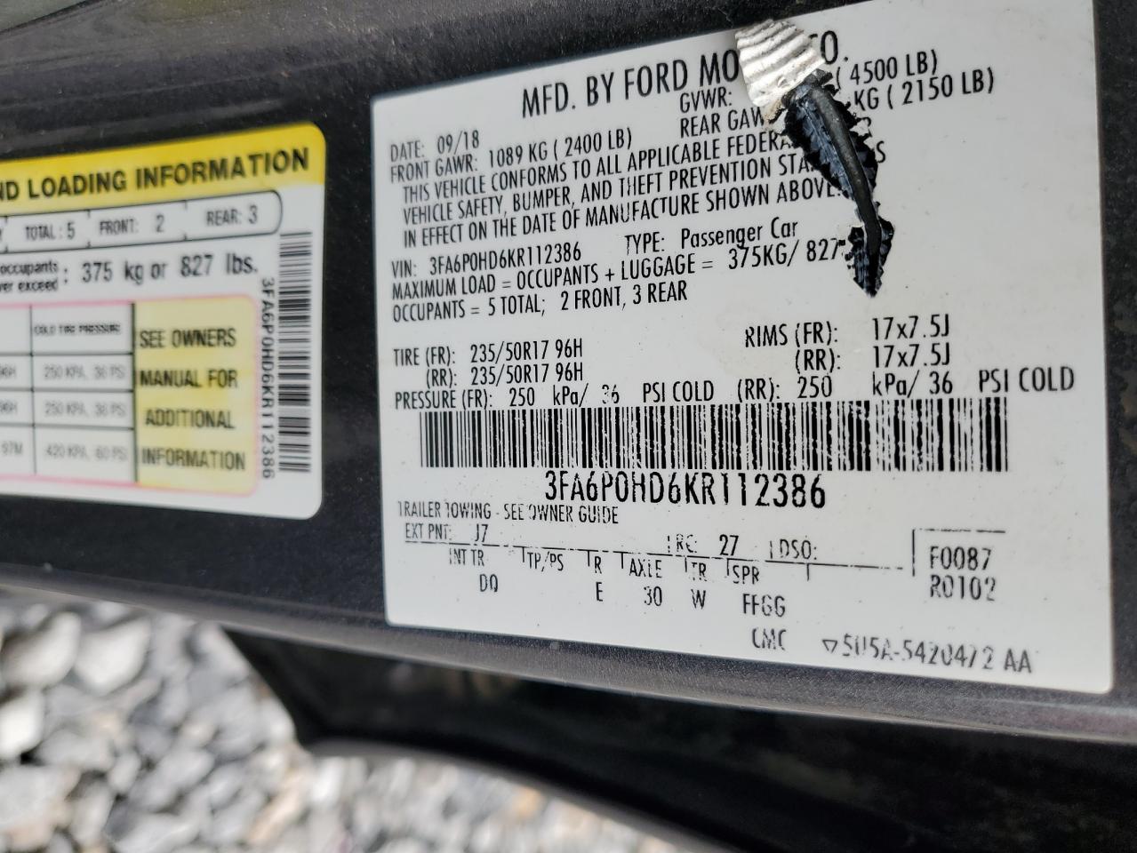 2019 Ford Fusion Se VIN: 3FA6P0HD6KR112386 Lot: 92342155