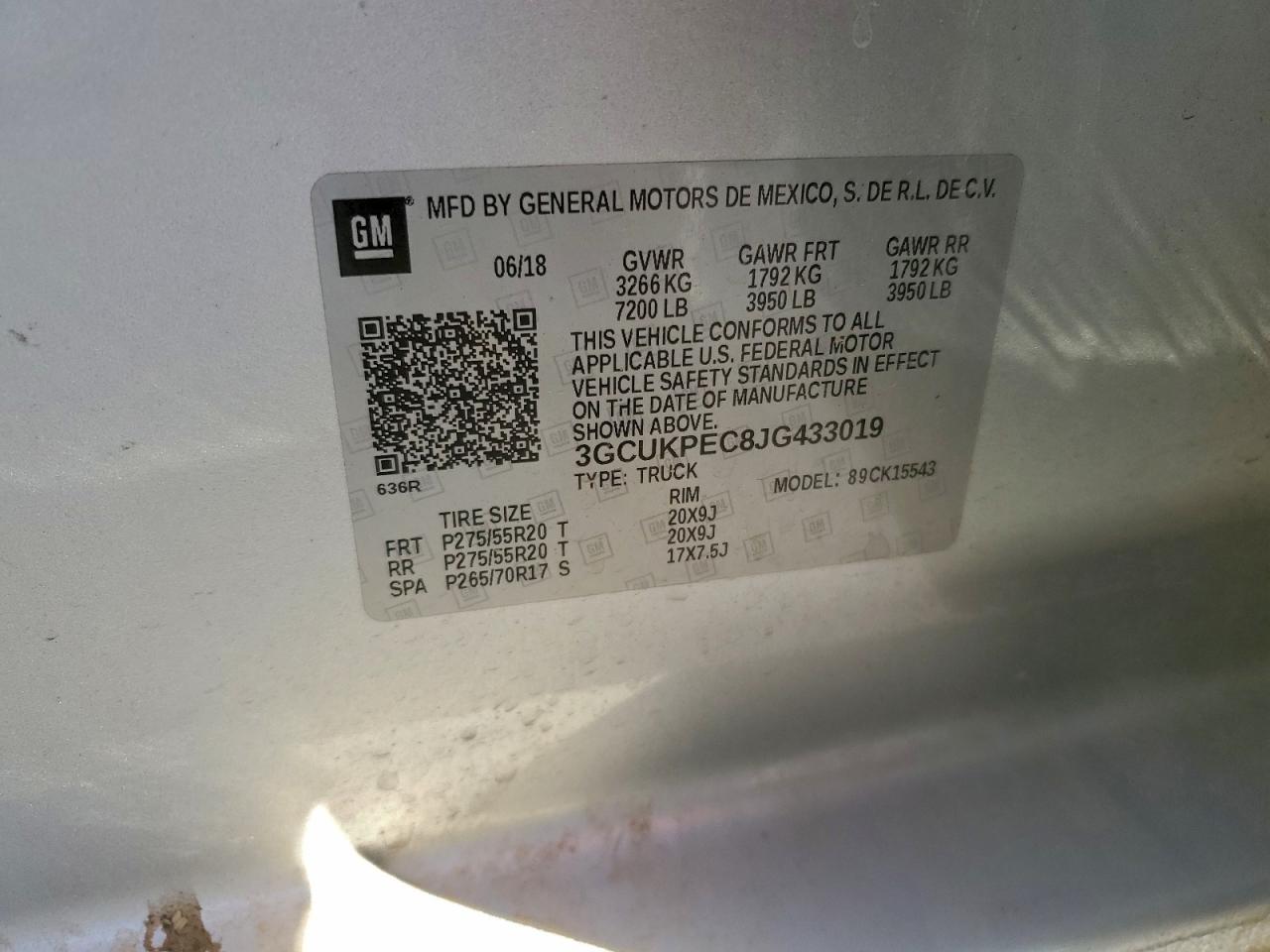 2018 Chevrolet Silverado K1500 Custom VIN: 3GCUKPEC8JG433019 Lot: 94156325