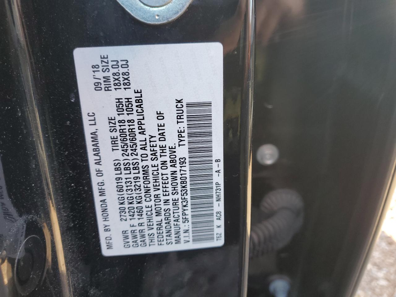 2019 Honda Ridgeline Rtl VIN: 5FPYK3F53KB017193 Lot: 92541175