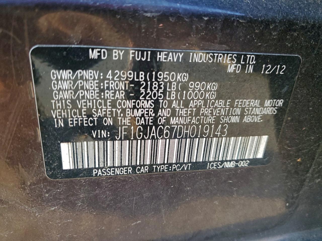 2013 Subaru Impreza Premium VIN: JF1GJAC67DH019143 Lot: 93731105