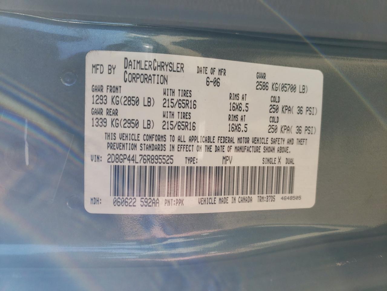 2006 Dodge Grand Caravan Sxt VIN: 2D8GP44L76R895525 Lot: 93744435