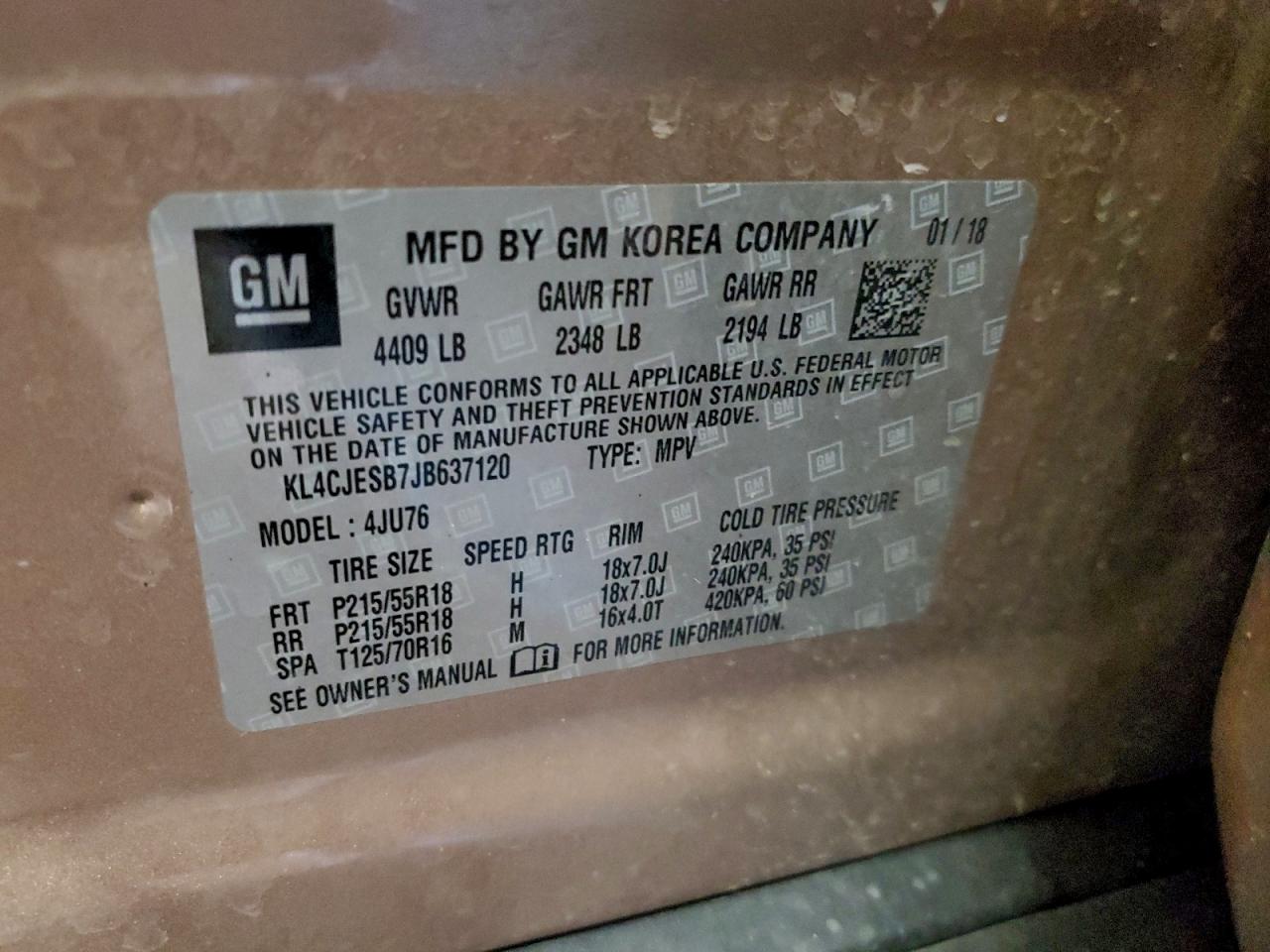 2018 Buick Encore Preferred VIN: KL4CJESB7JB637120 Lot: 93620755