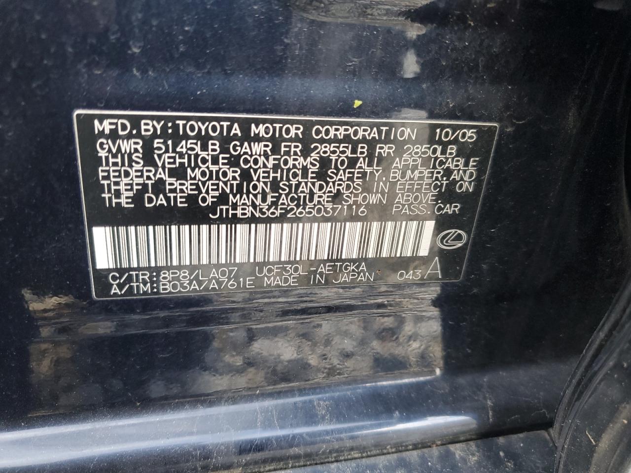 2006 Lexus Ls 430 VIN: JTHBN36F265037116 Lot: 92557675