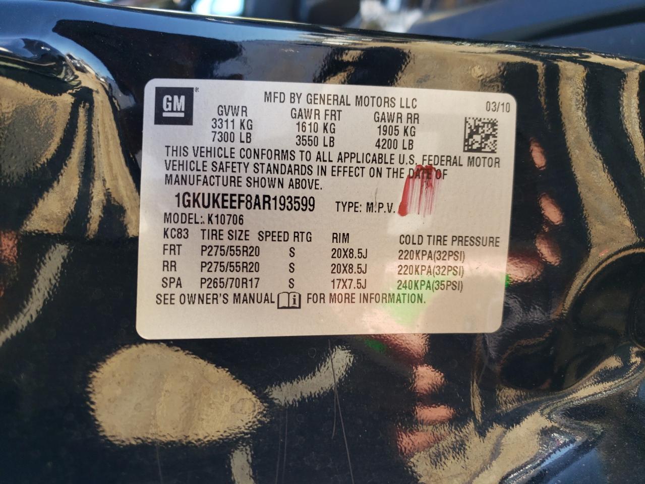 2010 GMC Yukon Denali VIN: 1GKUKEEF8AR193599 Lot: 92945245